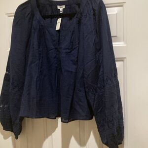Aerie  Navy Blue button down crochet detail Top